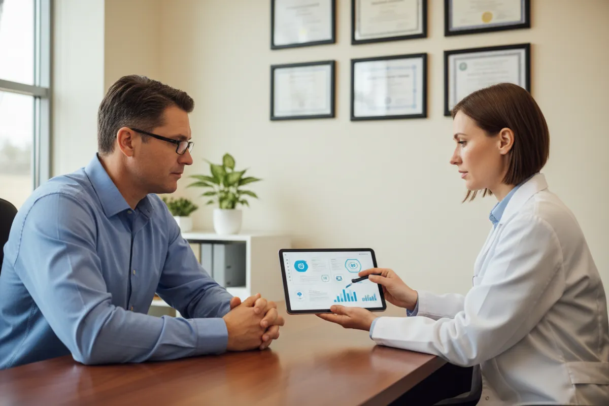 A healthcare professional consulting with a small business owner in a private office. The doctor is showing a digital health report on a tablet, while the business owner listens attentively. The environment is professional, with certificates on the wall and a sense of trust and expertise.