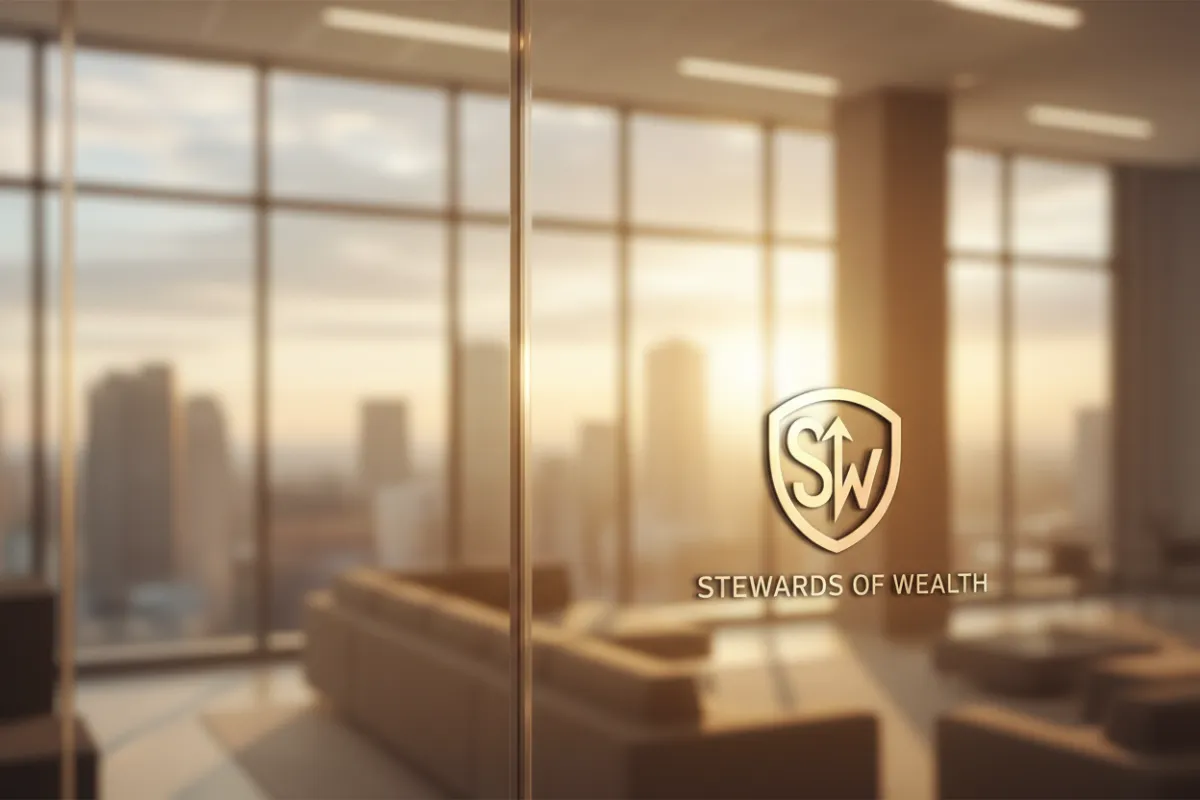 A diverse group of professionals in business attire, gathered around a table, reviewing financial documents and smiling, with a city skyline visible through large windows. The setting is modern, bright, and collaborative, reflecting ambition and teamwork for Stewards of Wealth.