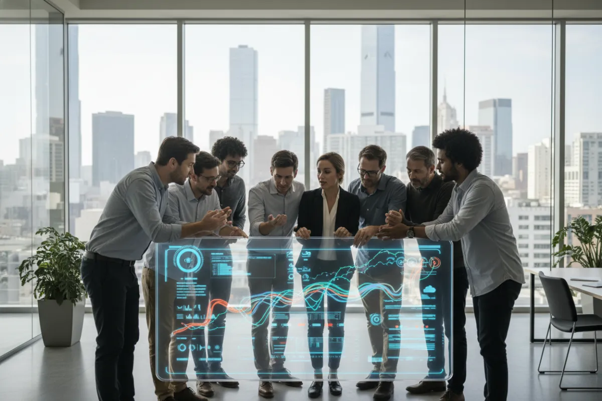 A diverse group of digital professionals collaborating around a large interactive screen displaying analytics and futuristic UI elements, set in a modern, glass-walled office with cityscape views. The team includes men and women of various ages and backgrounds, all engaged in discussion.