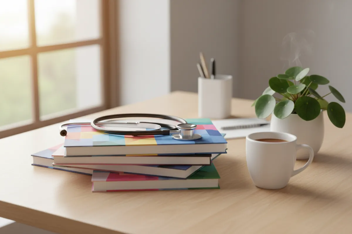A stack of printed eBooks with a stethoscope draped over them, set on a clean desk with a coffee mug and a potted plant. The scene is bright and inviting, symbolizing accessible knowledge for healthcare professionals. 3:2 aspect ratio.