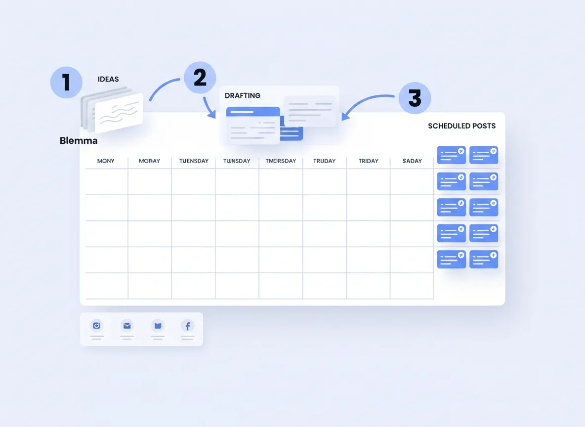 Step-by-step workflow preview of planning and scheduling posts in Blemma