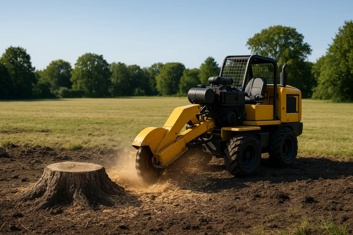 Stump grinder at work beside a cleared yard