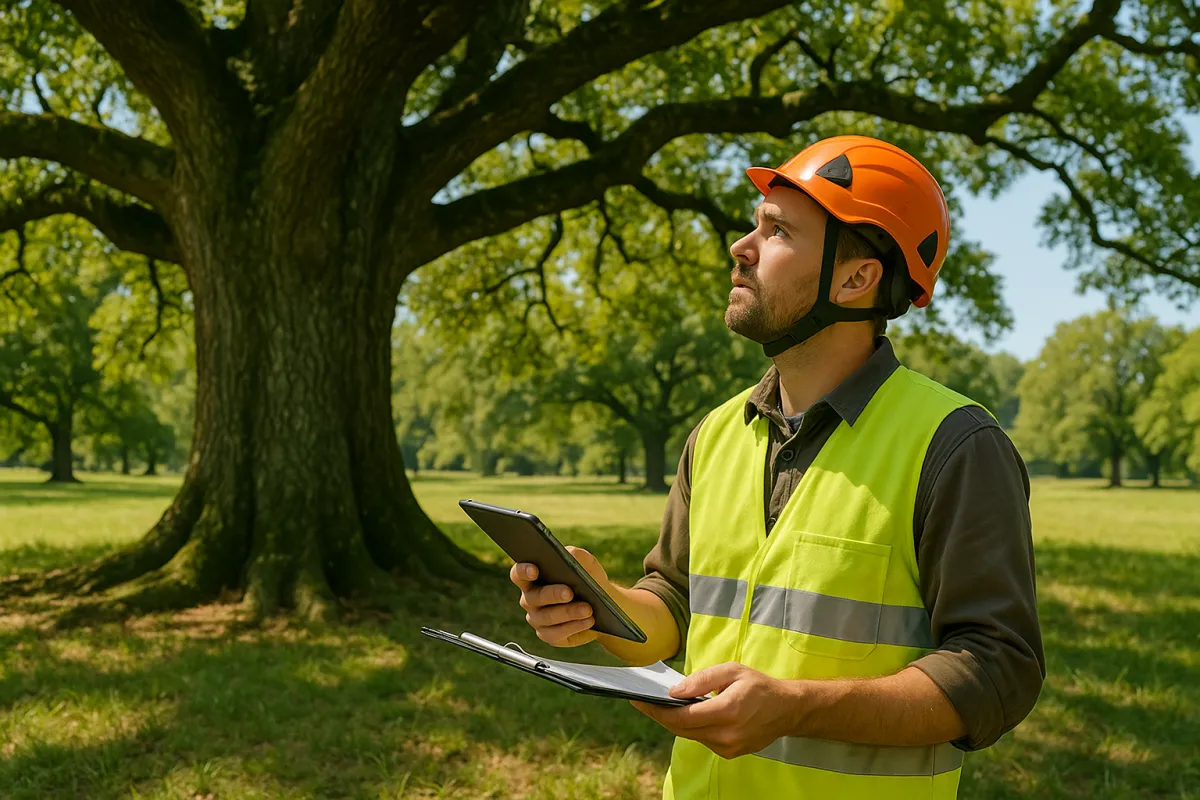 Arborist inspecting an oak with clipboard and tablet