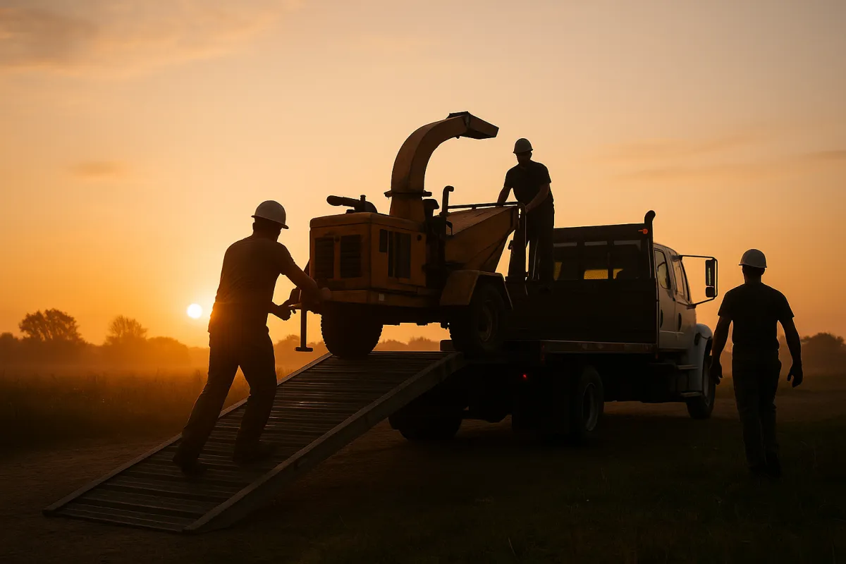 Crew loading a chipper onto a truck at dawn
