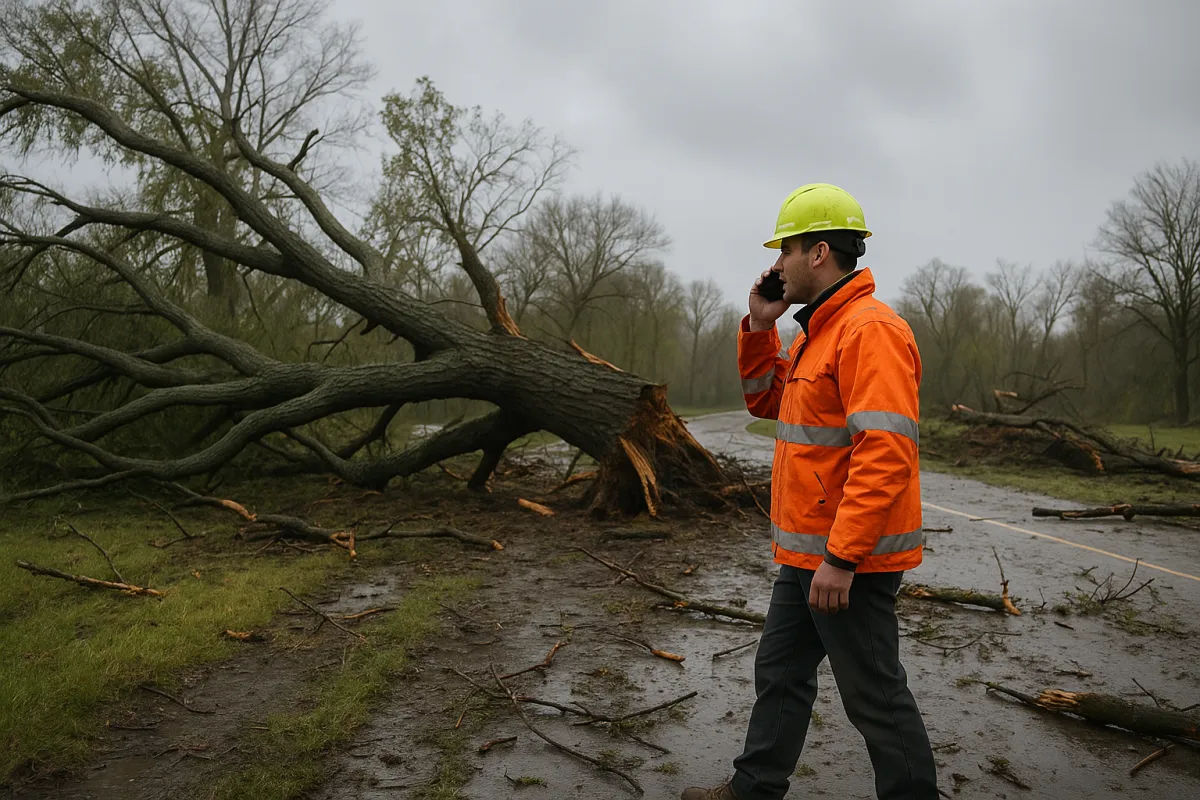 Crew member responding to a storm-damaged site