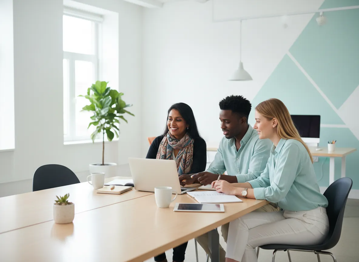 Friendly team from Lockwood Management Solutions collaborating with a small business owner