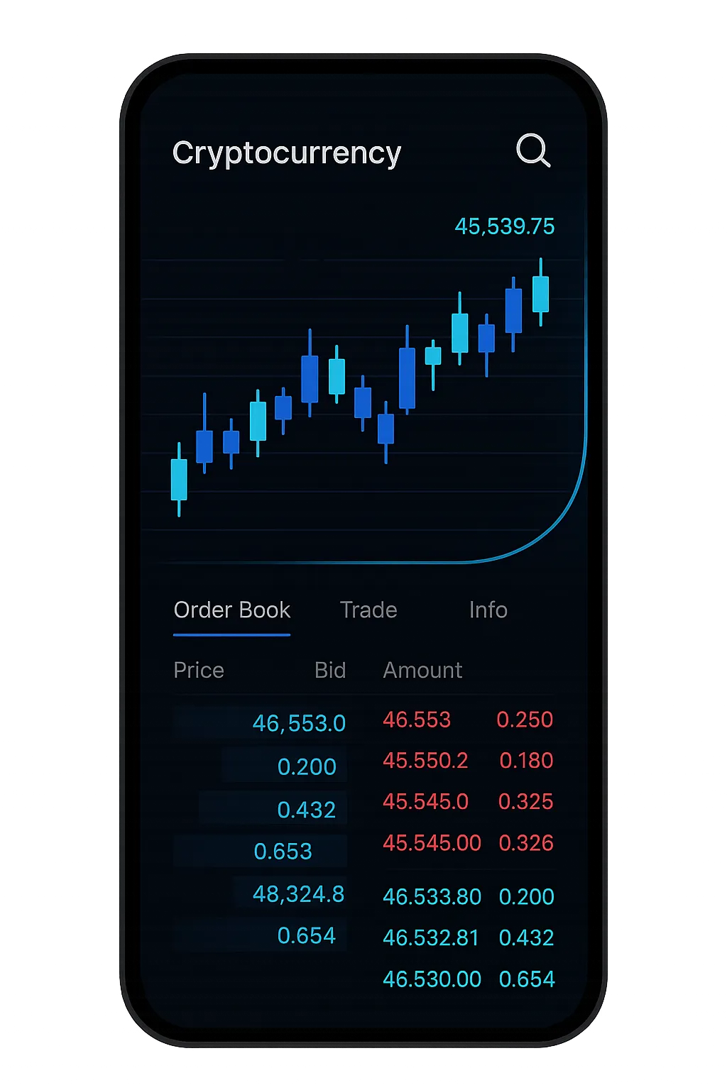 Bybit mobile trading platform user interface mockup displaying digital asset market order book and candlesticks