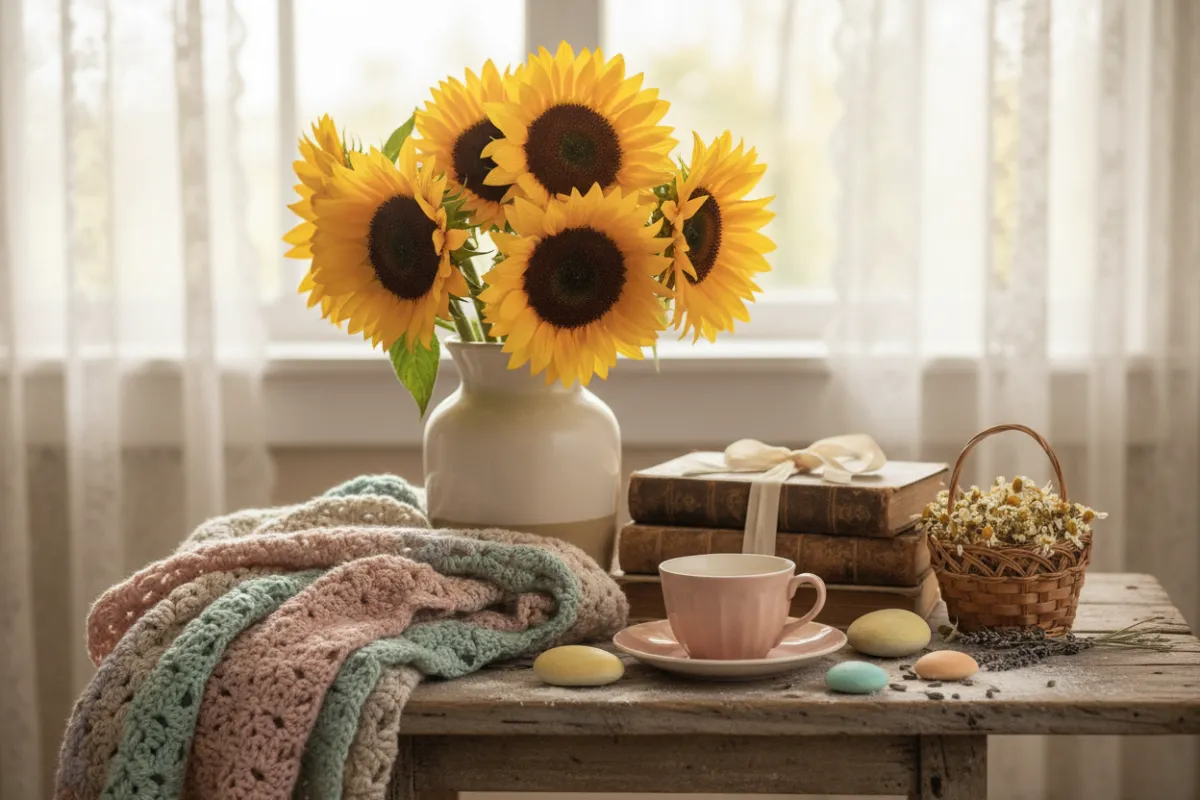 A pastel-themed still-life with sunflowers arranged alongside wrapped presents and a handwritten 'Gifts & Wishes' sign.