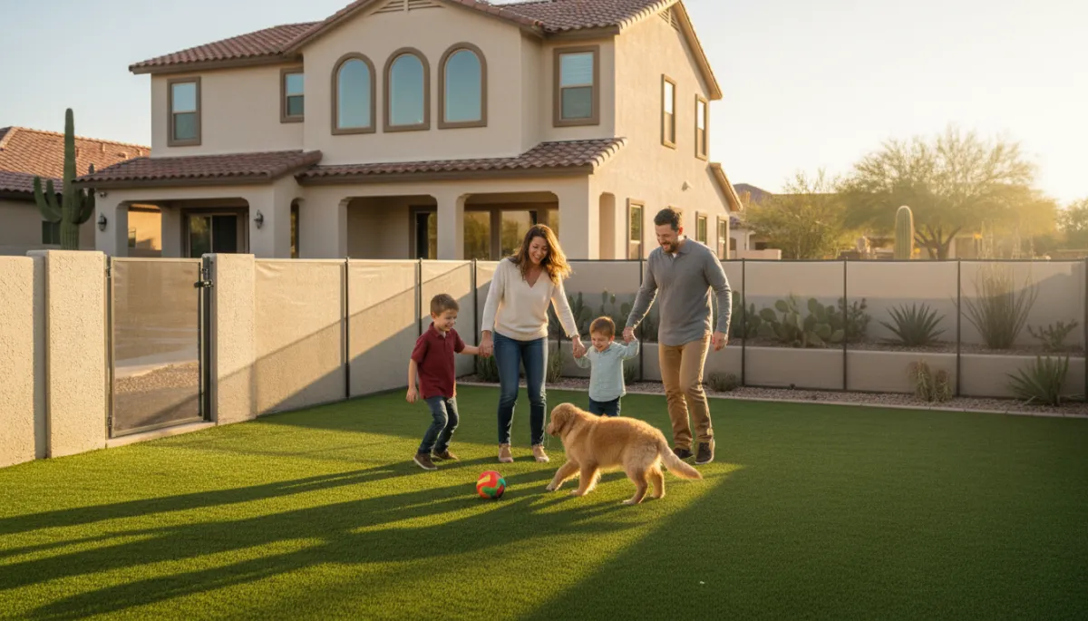 Family with young children and a puppy playing safely in an Arizona backyard