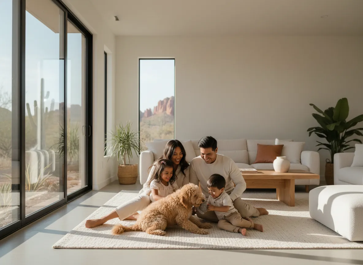 Happy family with young children and a puppy playing in a safe Arizona home