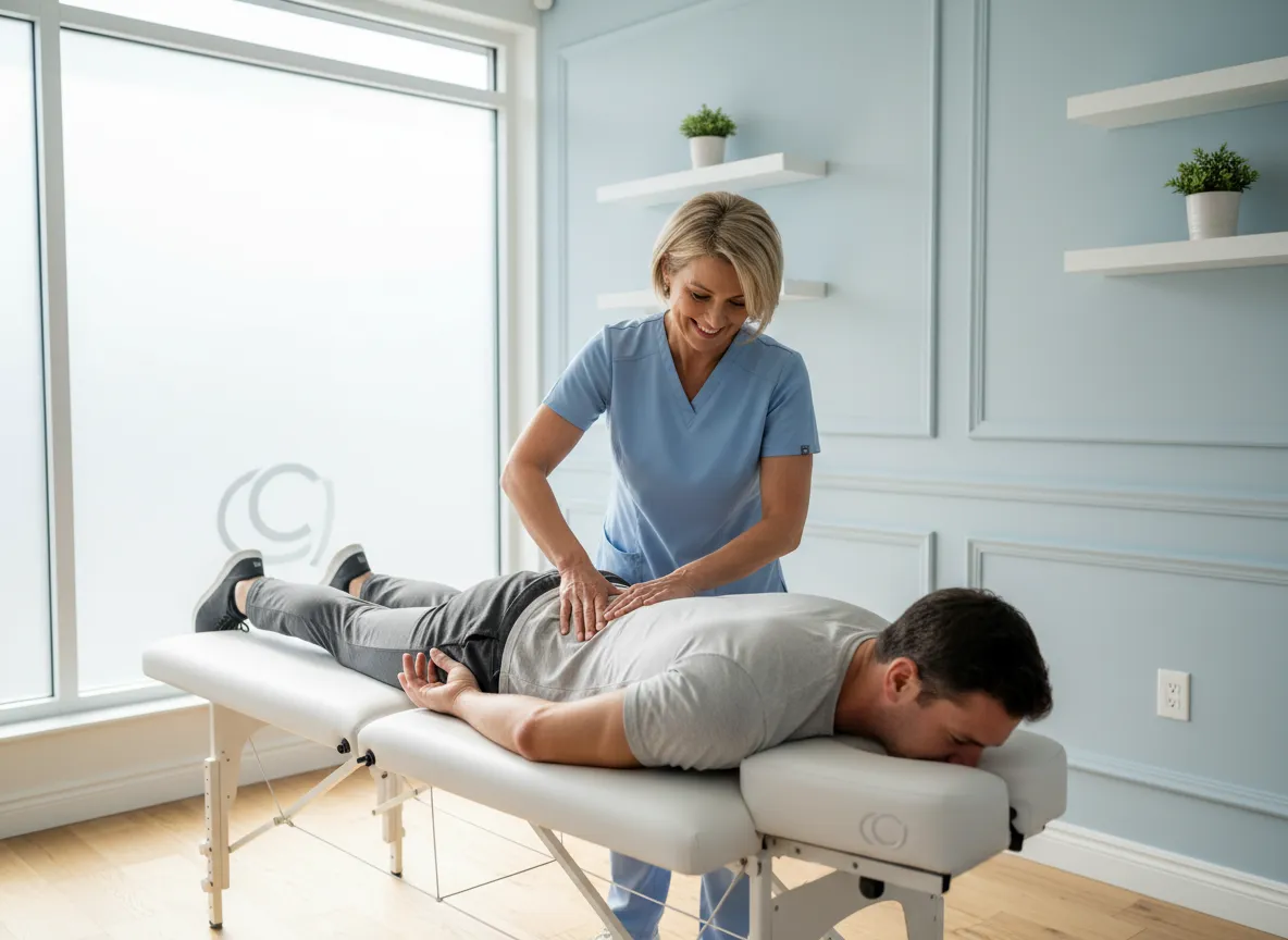 Chiropractor adjusting patient in a bright, modern clinic