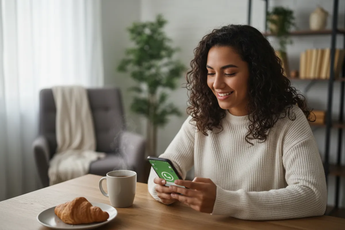 A friendly Hispanic woman in her 20s smiling while chatting on WhatsApp, sitting at a kitchen table with a cup of coffee. The background is a cozy home, emphasizing accessibility and personal support.