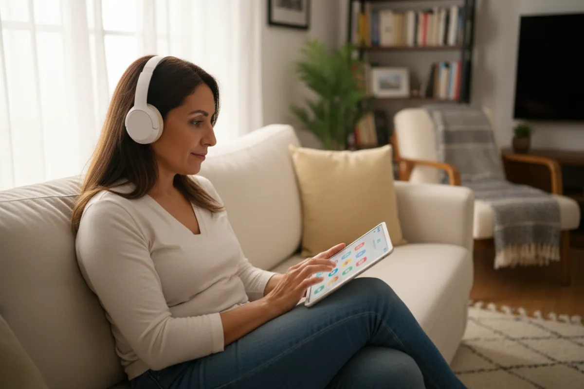 A Hispanic woman in her 40s using a tablet at home, practicing English with interactive exercises. The background shows a cozy living room, and she appears focused and confident, representing self-paced, practical learning.