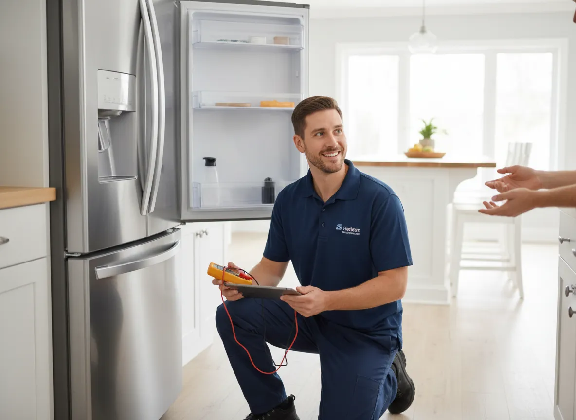 Technician repairing a modern kitchen appliance in a homeowner's kitchen