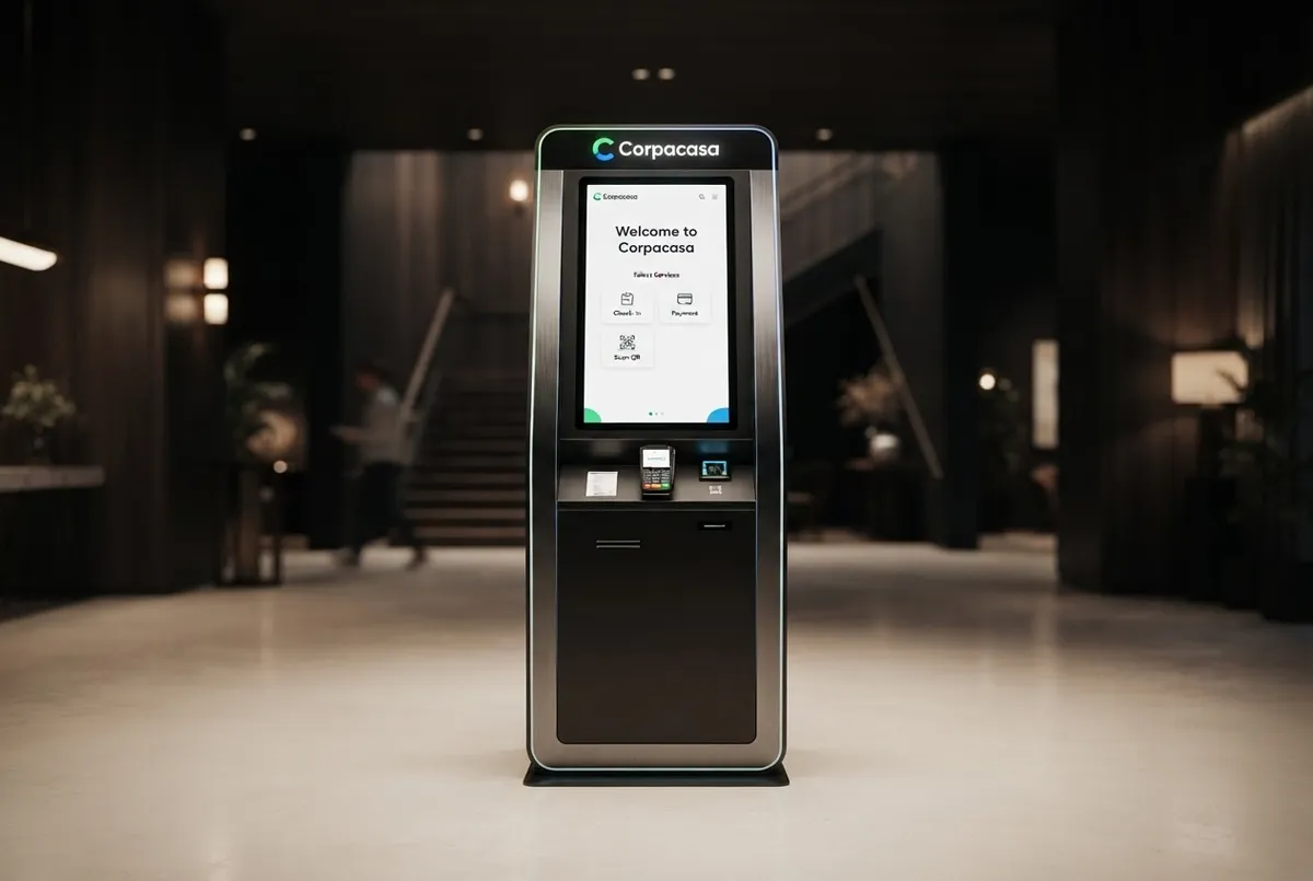 Sleek and modern Corpacasa self-service property kiosk standing in a contemporary apartment lobby