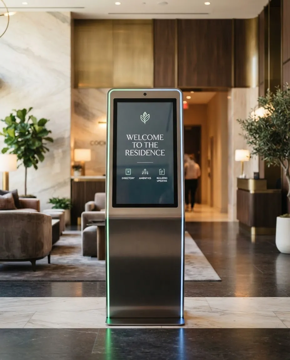 Modern interactive digital kiosk in an upscale apartment lobby