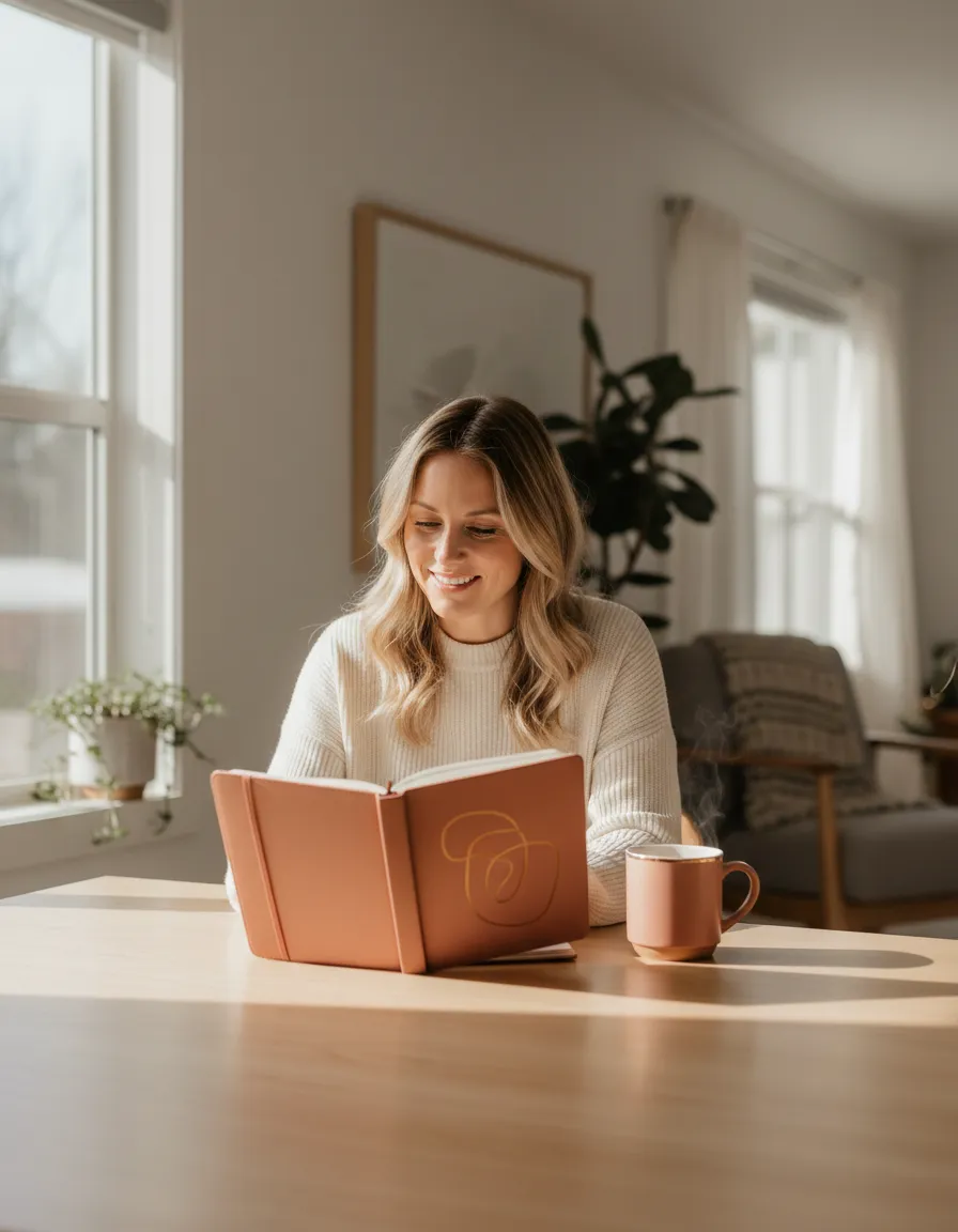 A mother confidently reviewing a financial plan in a bright, warmly lit room