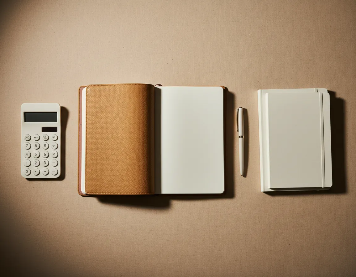 Budgeting tools, notebook, and calculator on a clean desk