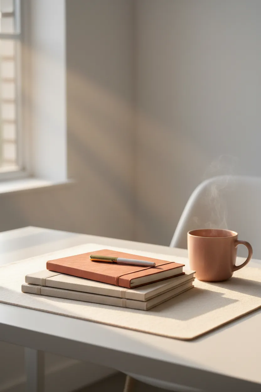A serene desk setup with neatly stacked financial guides and resources