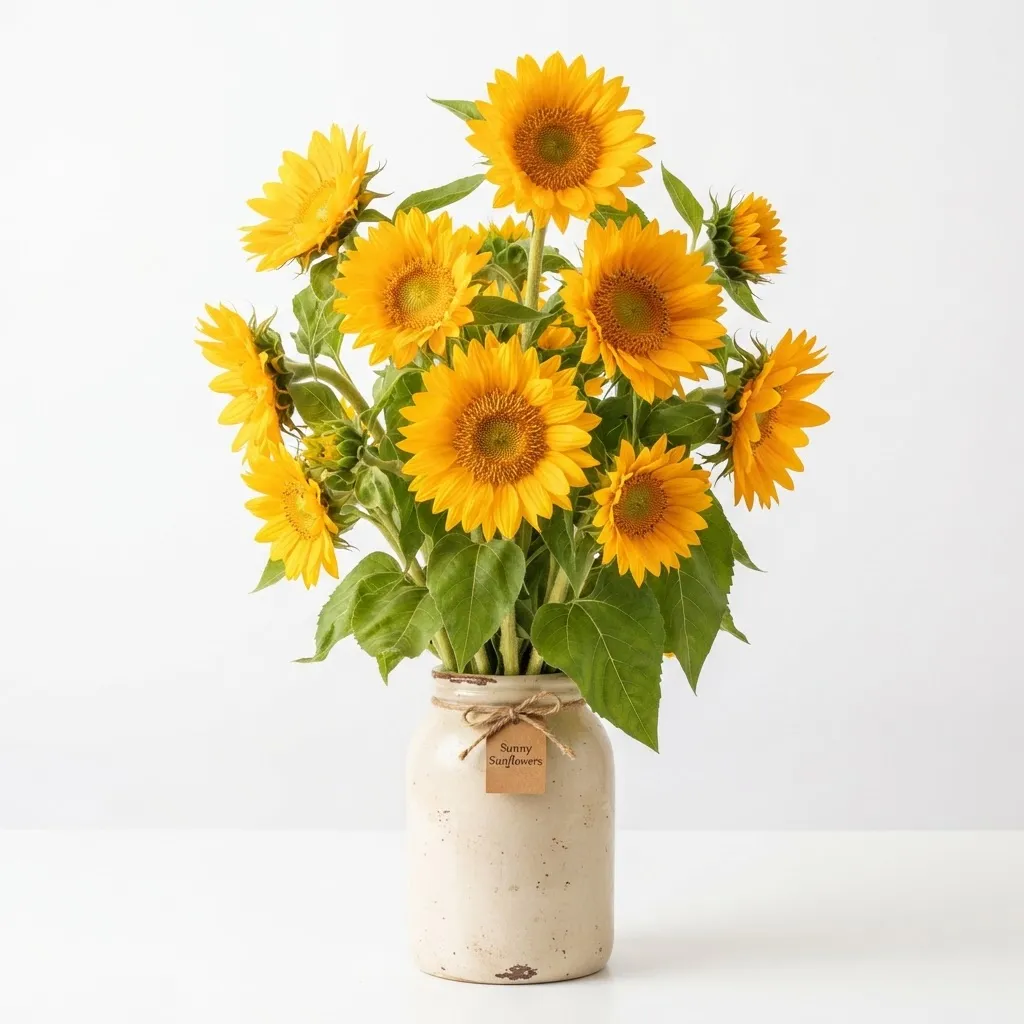 Sunny Sunflowers cheerful golden flower arrangement in rustic jar