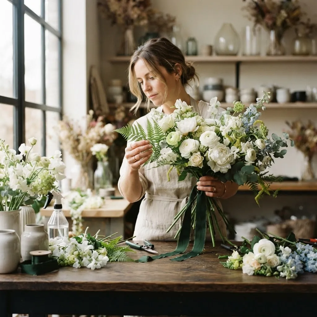 Florist creating floral arrangements with smartphone and digital order assistant nearby