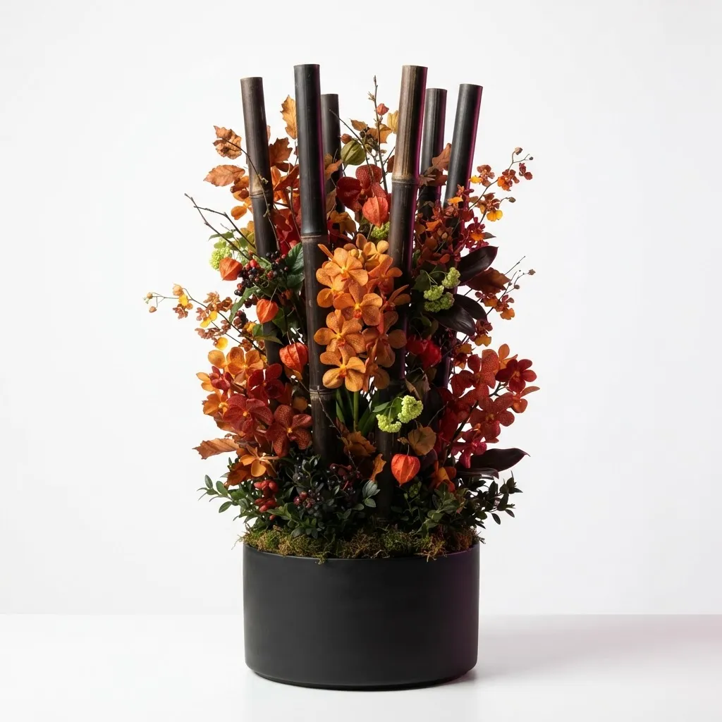 Fall Bamboo Garden floral arrangement in a clean ceramic pot