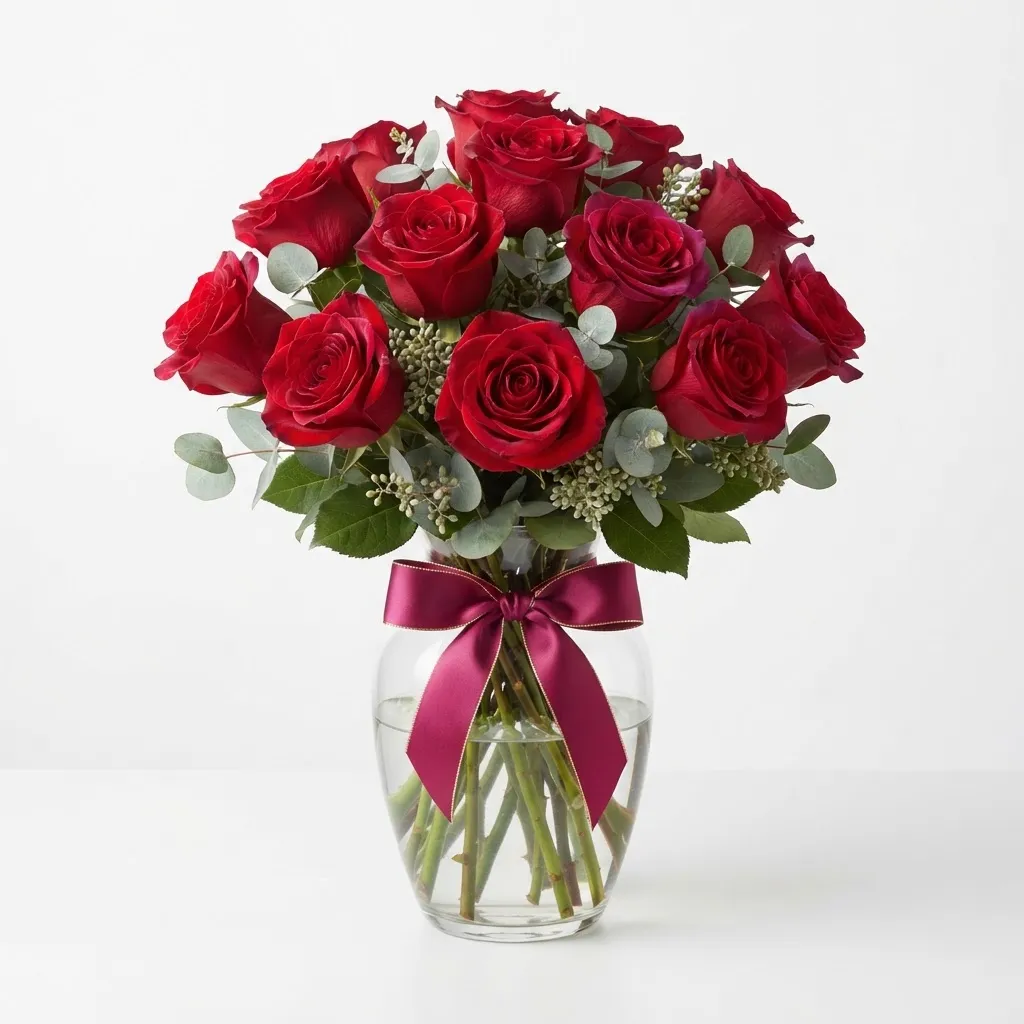 Eternal Love One Dozen Red Roses premium arrangement with eucalyptus