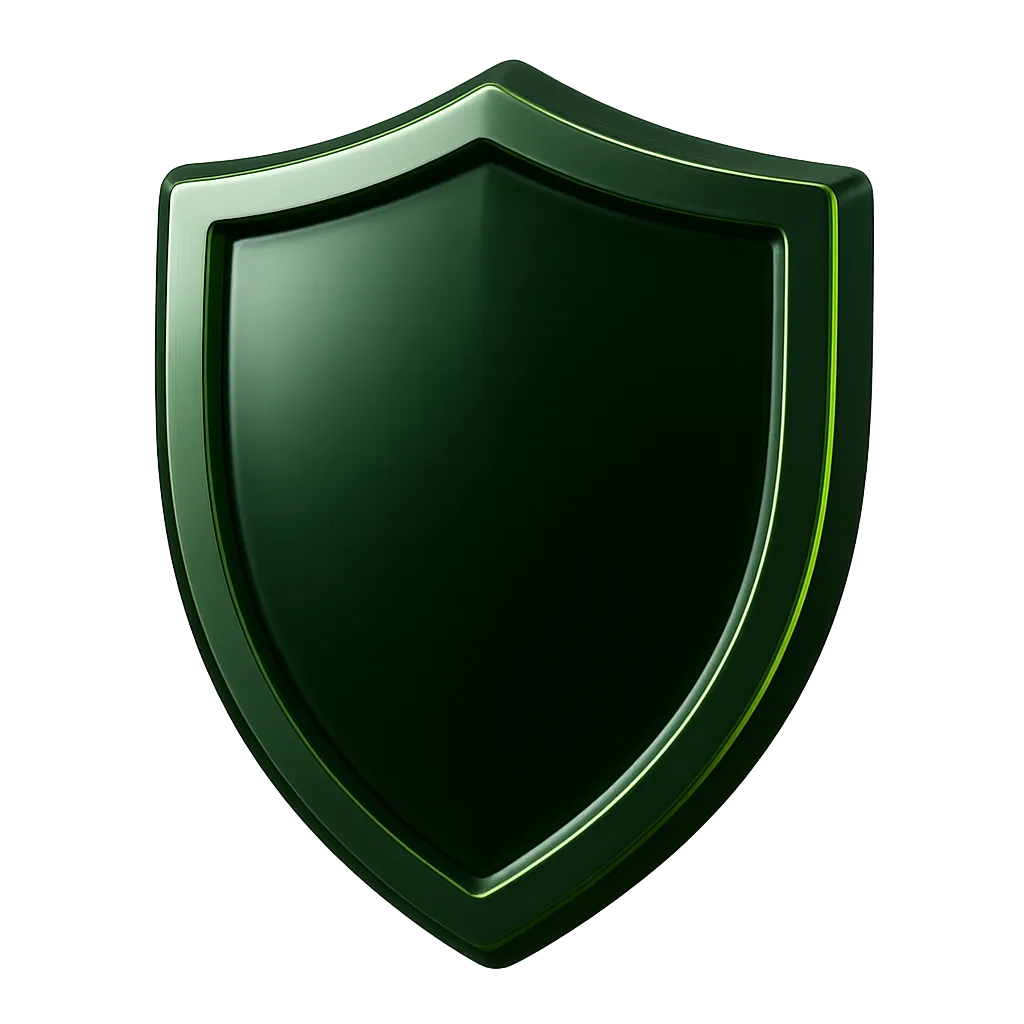 3D metallic trust shield emblem in lime and dark green tones symbolizing ironclad leasing security
