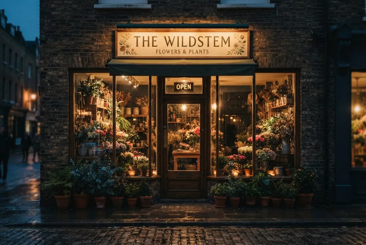 Flower shop storefront window illuminated in the dark evening hours