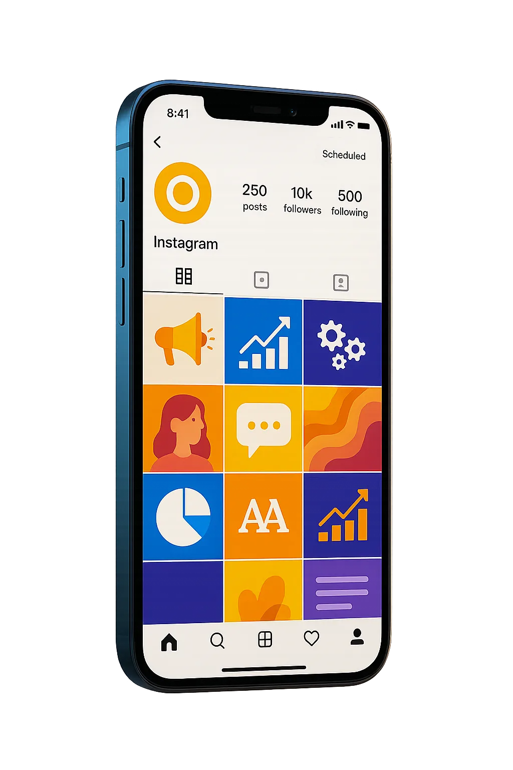 Floating smartphone mockup showing active Instagram feed with rapid audience growth and automated post schedule