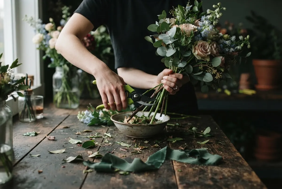 Florist hands trimming fresh flower stems at the design workbench