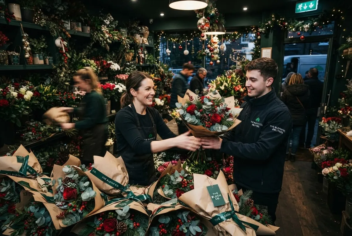 Busy floral shop during holiday rush with dozens of wrapped bouquets and delivery drivers