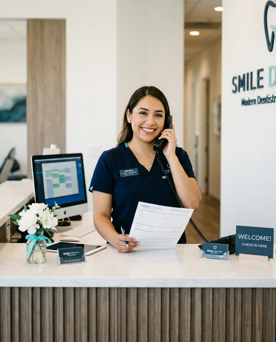 Dedicated dental front desk coordinator warmly assisting incoming patients at check-in counter