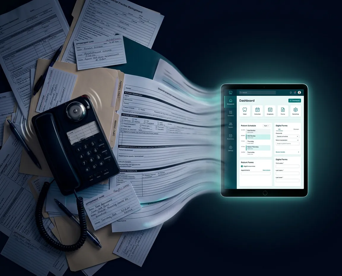 Comparison of cluttered administrative workflows versus streamlined modern dental technology
