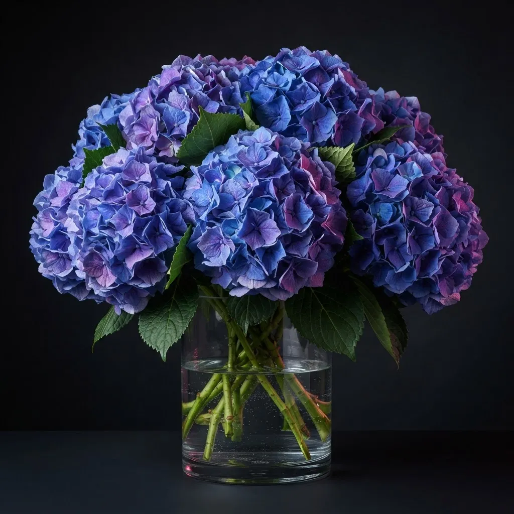 Hydrangea Bouquet with lush blue and purple petals in clear glass vase