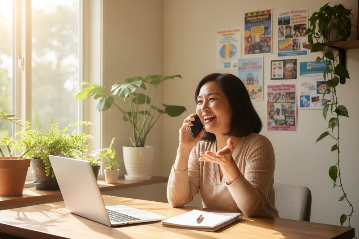 A cheerful middle-aged woman of Asian descent, seated at a desk with a laptop and a notepad, speaking on the phone in a sunlit home office, surrounded by plants and community flyers.