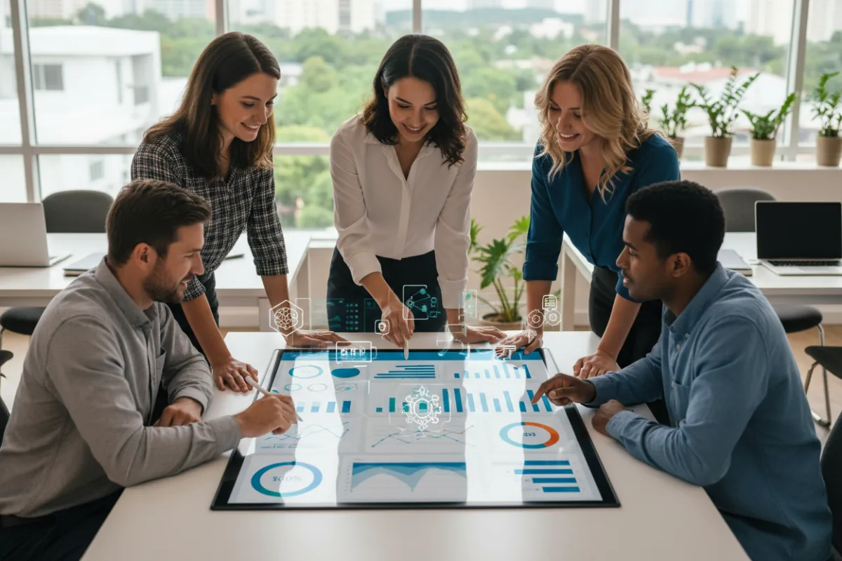 A diverse team of small business owners, including men and women of various ages and ethnicities, collaborate over a digital dashboard with charts and AI icons in a bright, modern workspace. The group is actively customizing their business software. 3:2 aspect ratio.