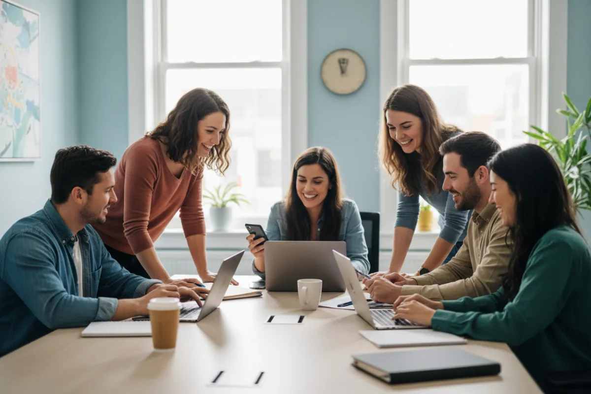 A candid photo of the Rock Solid Fencing team in their office, gathered around a table with laptops and phones, smiling and discussing customer inquiries. The workspace is bright, with natural light, and the team is diverse in age and background, reflecting a collaborative SMB environment.