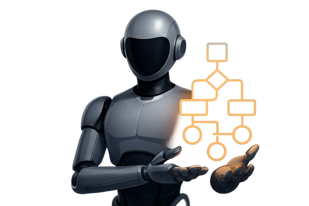 A modern digital illustration of a single, isolated AI robot with a sleek, metallic finish, holding a glowing, abstract workflow chart.