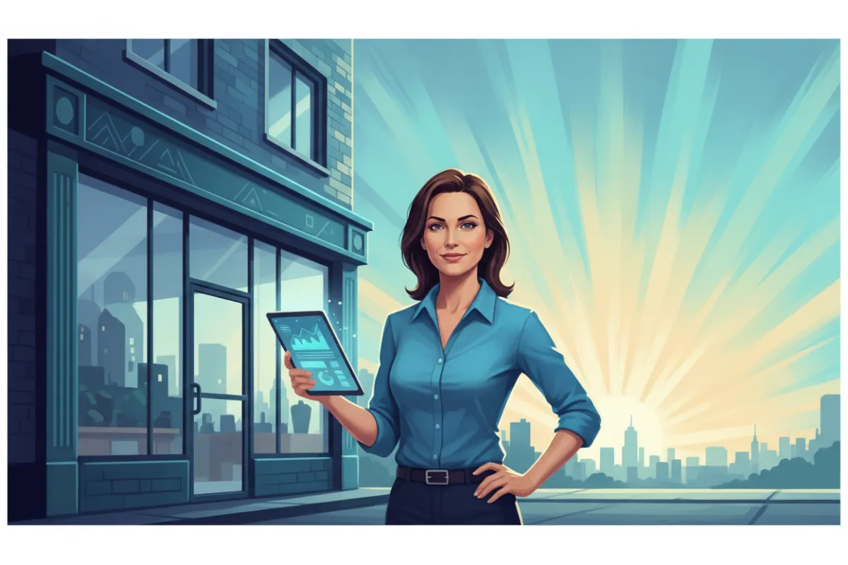 A small business owner stands confidently in front of a storefront, holding a tablet displaying AI analytics. Cityscape and sunrise in Pionyr's blue and teal.