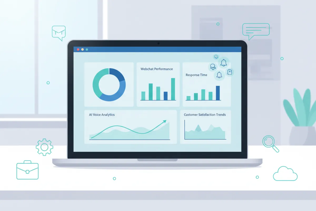 A flat vector illustration of a business dashboard displaying real-time AI Voice and Webchat analytics, with charts, graphs, and notification icons. The dashboard is shown on a laptop screen, surrounded by subtle business icons, in a bright, clean workspace with blue and teal accents.