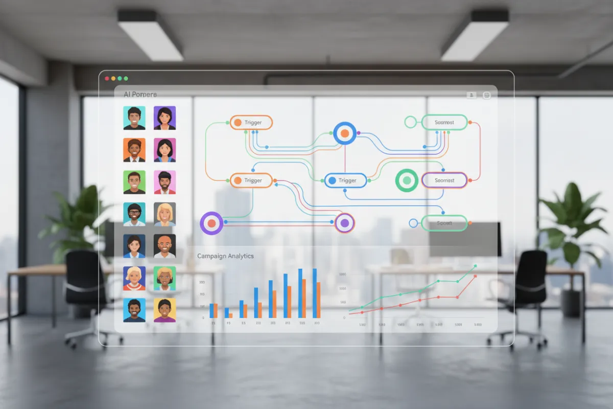 A vibrant, modern dashboard interface showing AI-driven automation flows, with colorful triggers and campaign analytics, set in a bright office environment. The dashboard features diverse user avatars and dynamic charts, conveying efficiency and teamwork.