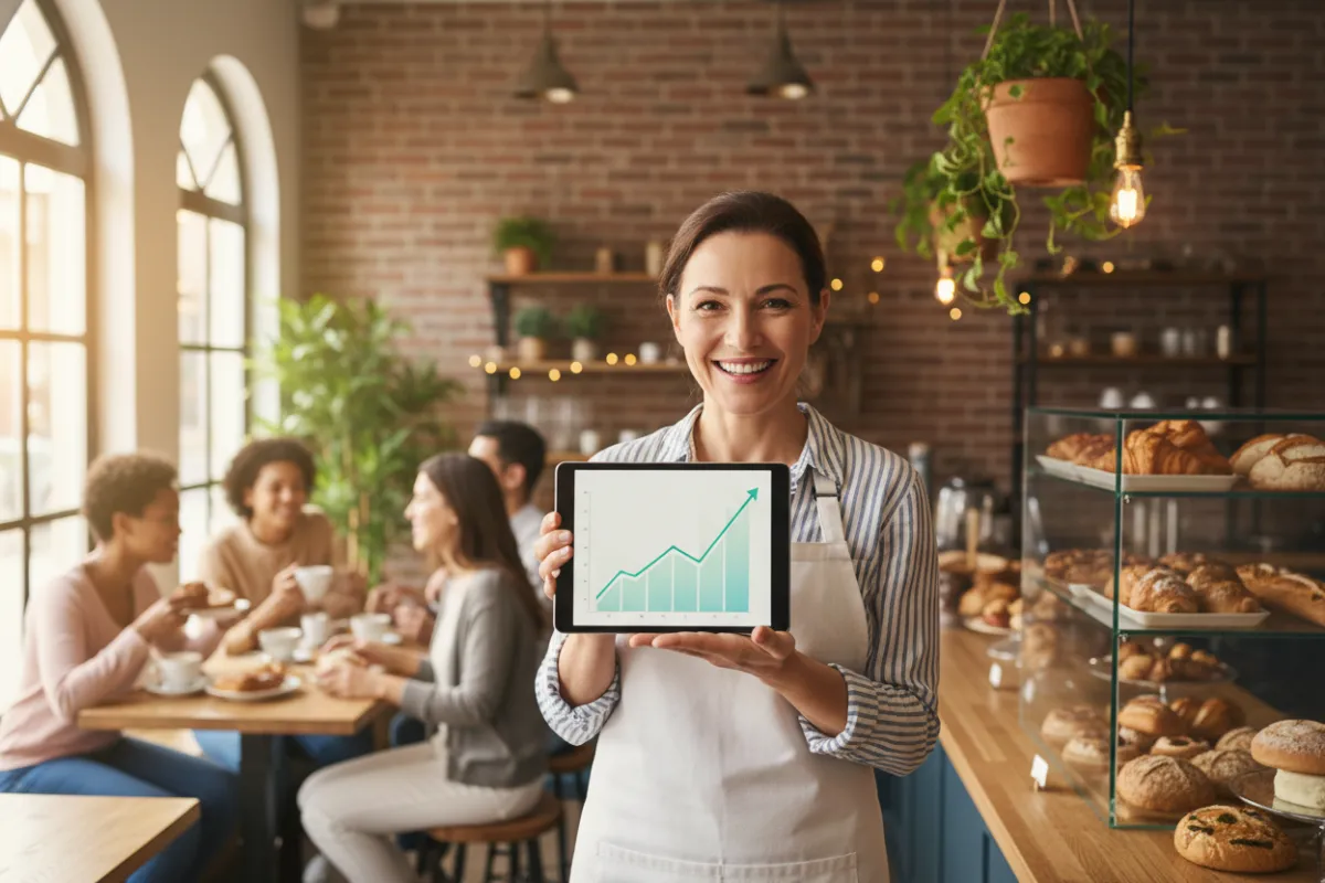 Bakery owner smiling with a tablet showing a spike in positive reviews, happy customers in background, warm inviting bakery, 3:2 aspect