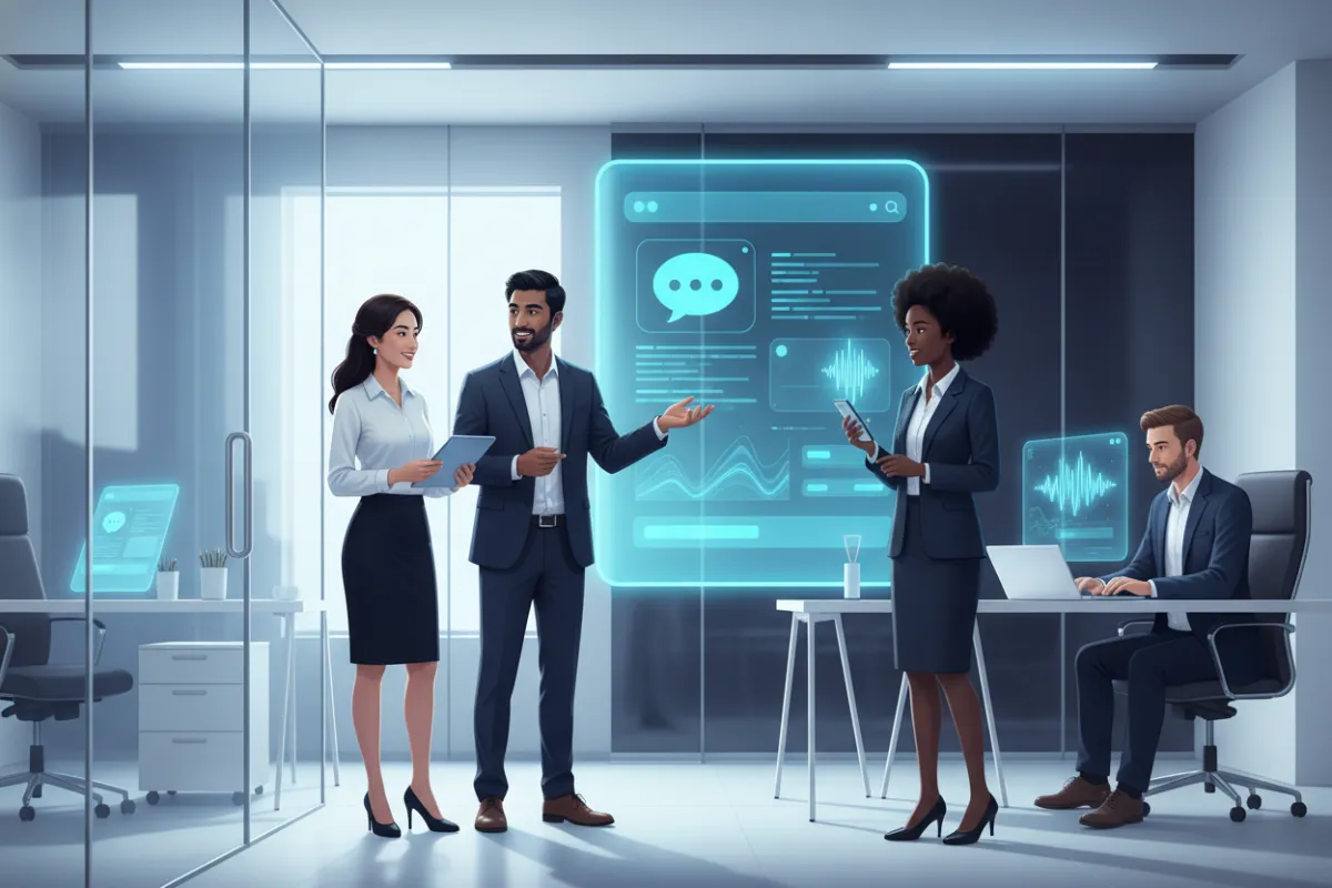 A vibrant digital illustration showing a diverse group of business professionals interacting with a large, glowing AI chatbot interface and a phone with a waveform, set in a modern office. The scene conveys seamless AI-driven communication, with bright blue and teal accents matching Pionyr's brand palette.