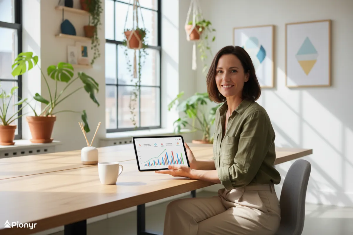A small business owner in a bright workspace, reviewing a tablet with visible growth charts and automation notifications. The owner, a woman in her 30s, smiles confidently, surrounded by plants and modern decor, representing success and satisfaction with Pionyr.