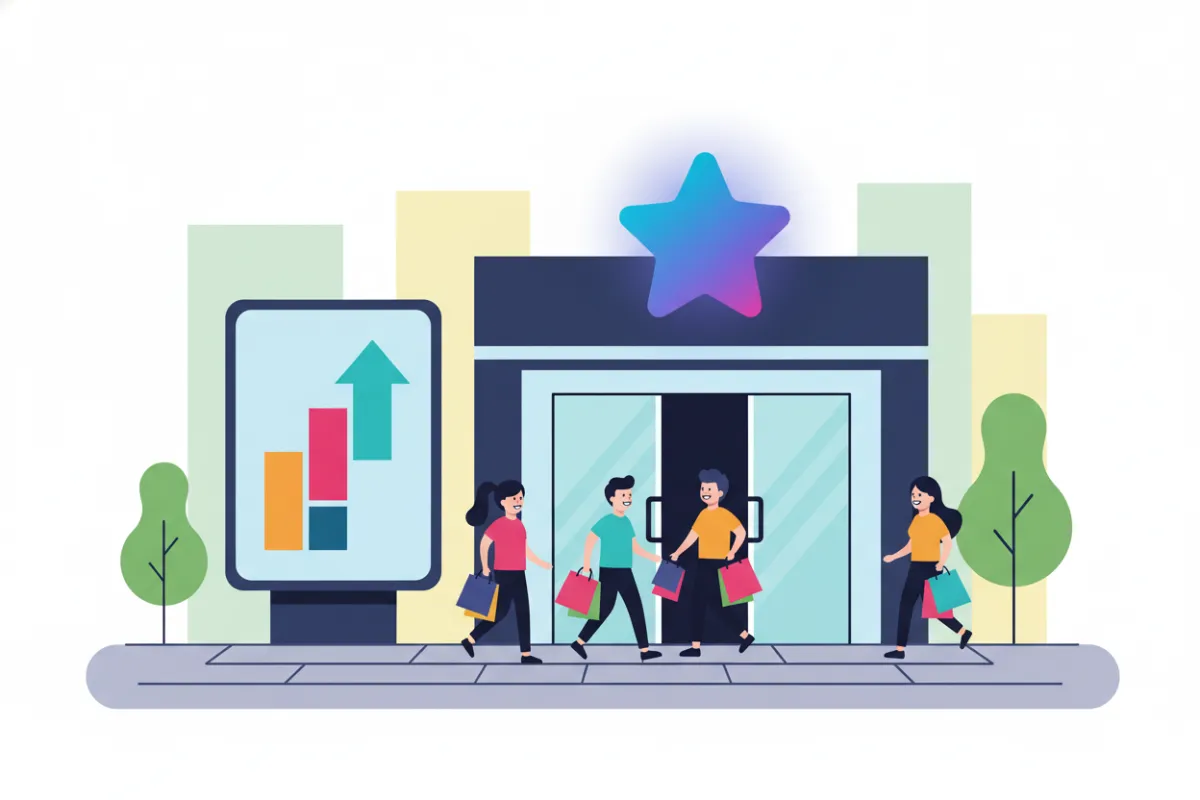 A flat illustration of a business storefront with a large AI-powered review star above the entrance, customers entering happily, and a digital sign showing 'Reputation Up!' in bold, modern colors, set in a lively urban street scene.