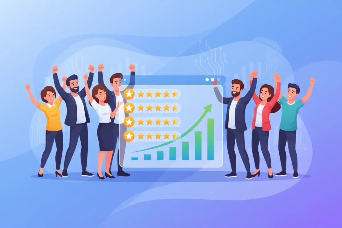 A vibrant digital illustration showing a diverse group of small business owners celebrating in front of a large, glowing dashboard filled with positive review stars and upward-trending graphs, set against a modern blue gradient background with subtle AI circuit motifs.