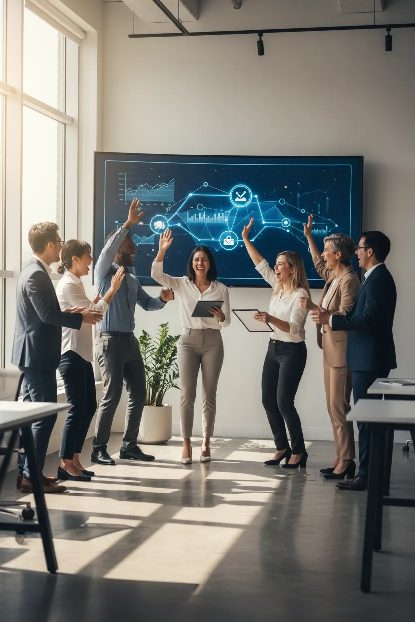 A diverse team of business professionals celebrating in a modern office, with digital screens displaying automation success metrics. The group includes men and women of various ages and backgrounds, all smiling and high-fiving, conveying achievement and teamwork.