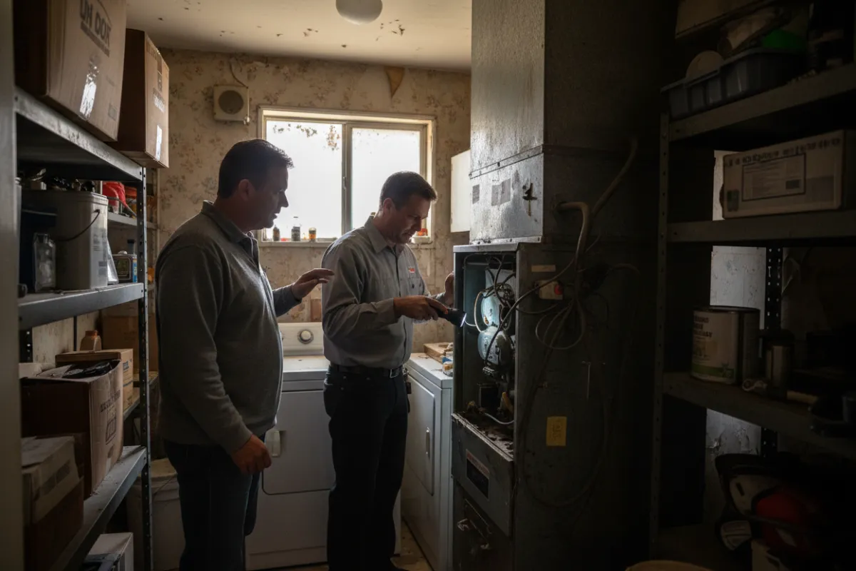 Technician inspecting an old gas furnace in a dated Orange County home, highlighting dust and worn components, with homeowner looking concerned nearby.