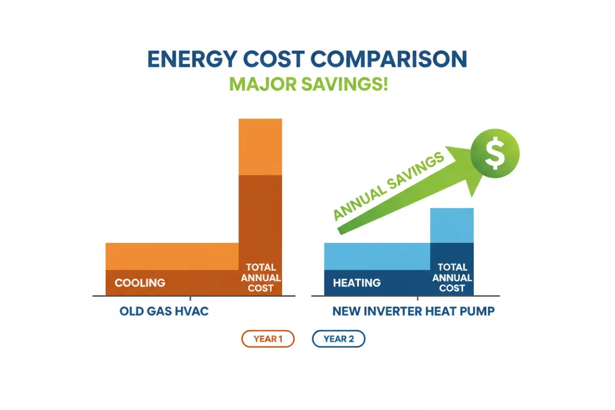 Bar chart comparing annual energy costs: old gas HVAC vs. new heat pump system, with clear savings highlighted in blue and orange.